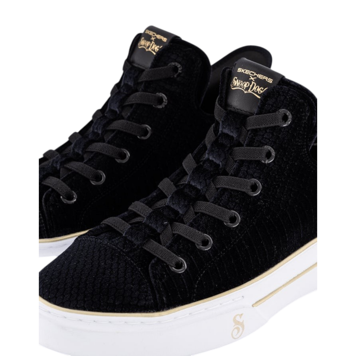FRG Skechers x Snoop Dogg Slip-ins Snoop One Boss Life velvet high-top sneakers in black with gold branding details.