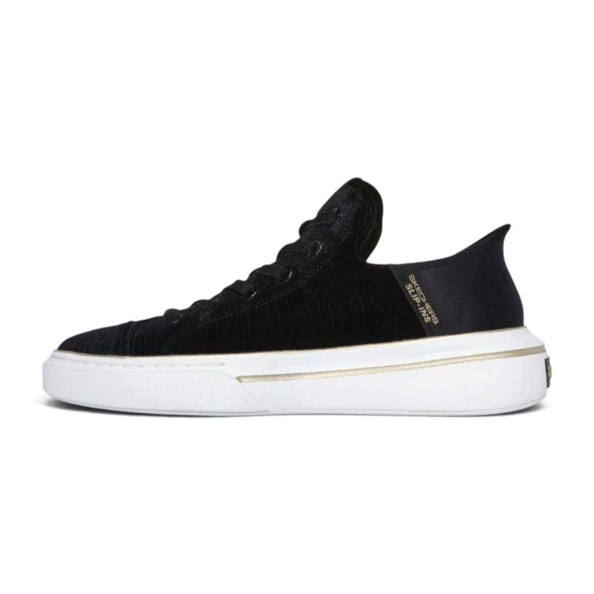 FRG SLIP-INS: SNOOP ONE - BOSS LIFE VELVET black sneakers with a white sole and gold trim detail