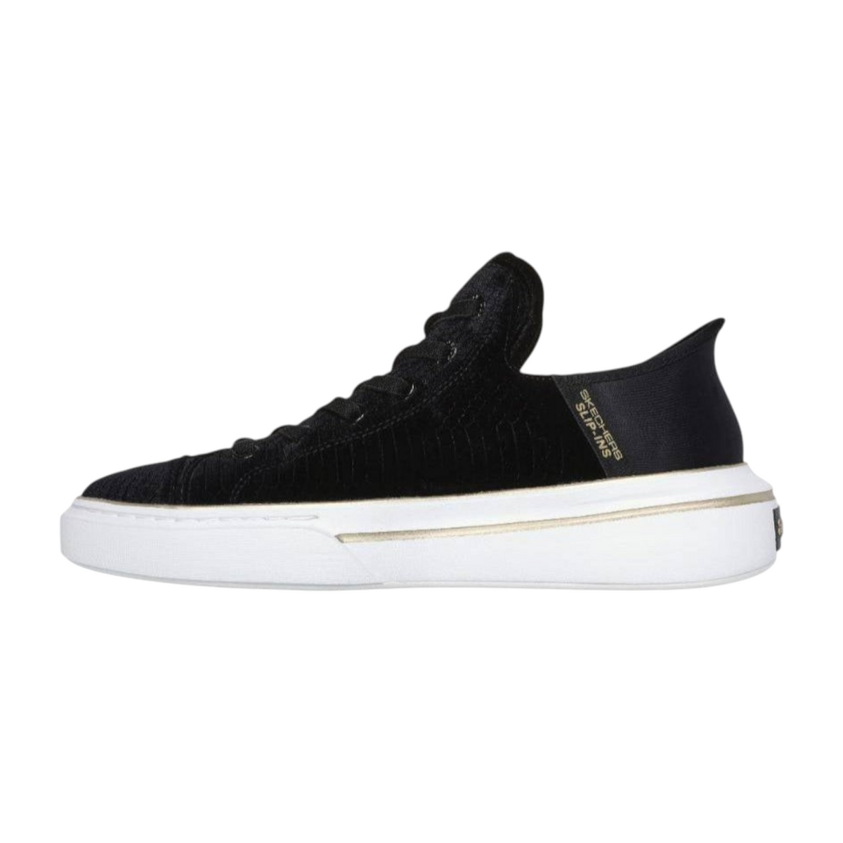 FRG Skechers Slip-ins Snoop One Boss Life black velvet sneaker with white sole and gold trim side profile