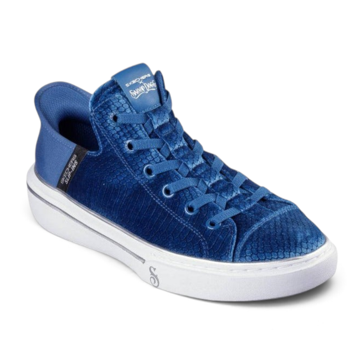 FRG Skechers x Snoop Dogg Slip-ins Snoop One Boss Life velvet high-top sneakers in royal blue with a white sole.