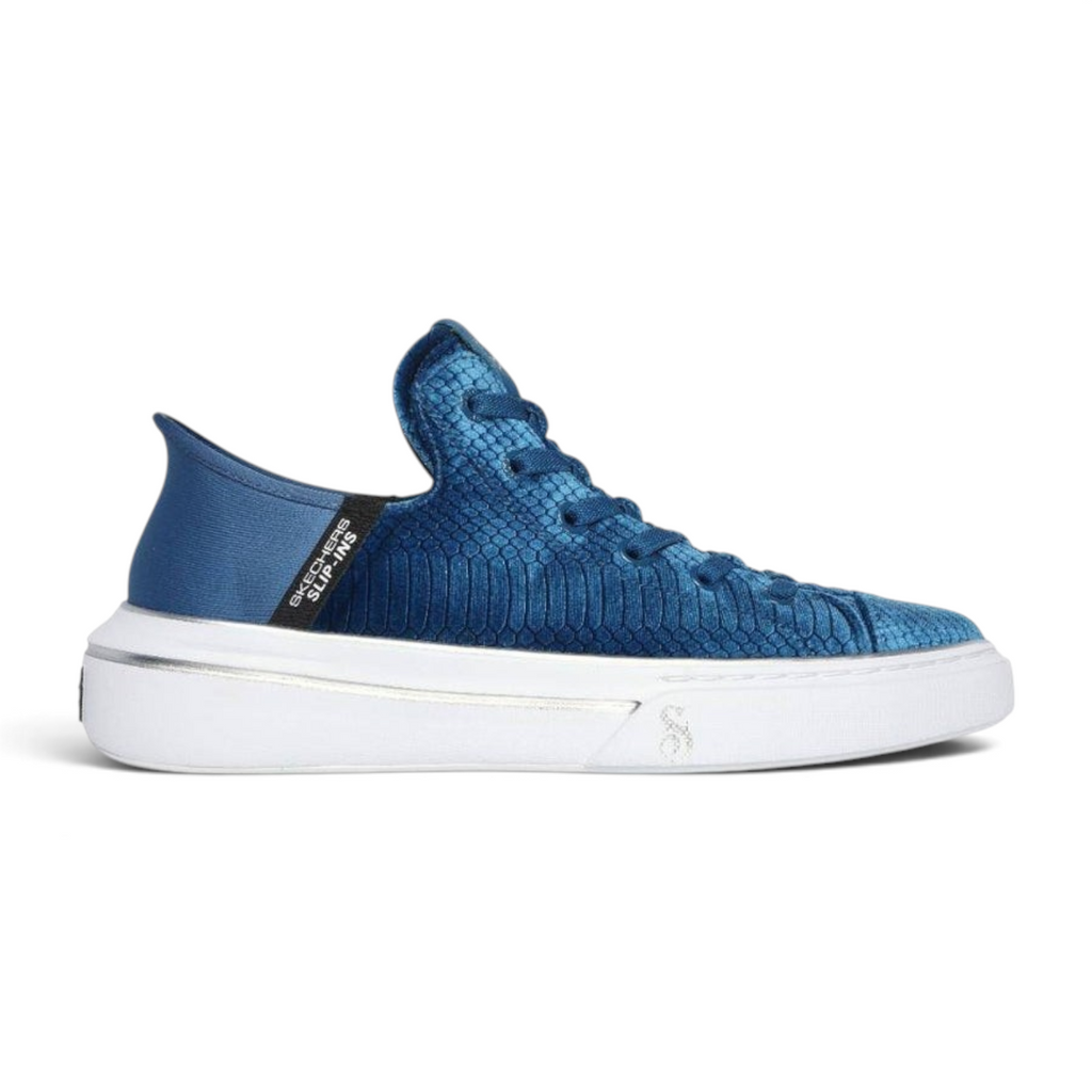 FRG Skechers Slip-ins Snoop One Boss Life velvet sneakers in blue with a textured snake-print pattern and white sole.
