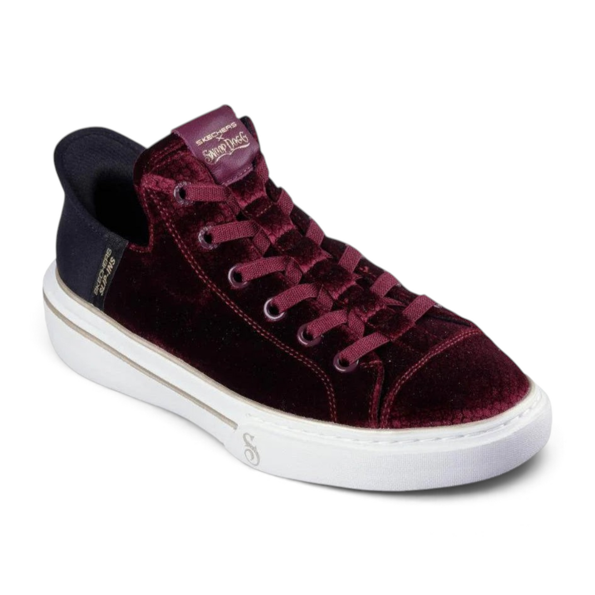 FRG Skechers Snoop One Boss Life velvet high-top sneaker in deep burgundy with a white platform sole.