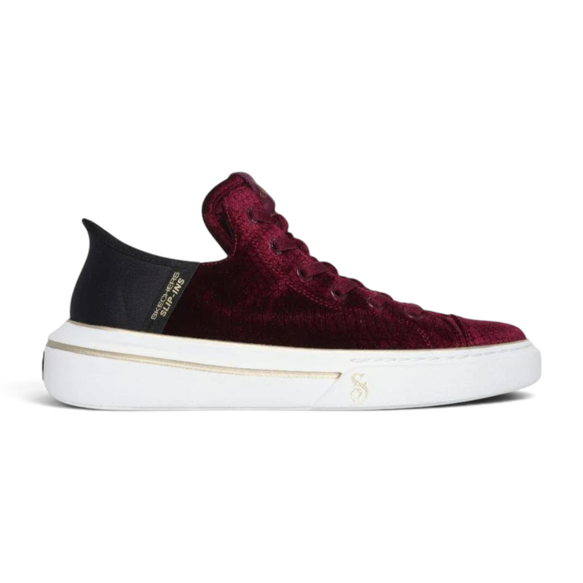 FRG Skechers Slip-ins Snoop One Boss Life velvet sneakers in deep burgundy with a white platform sole