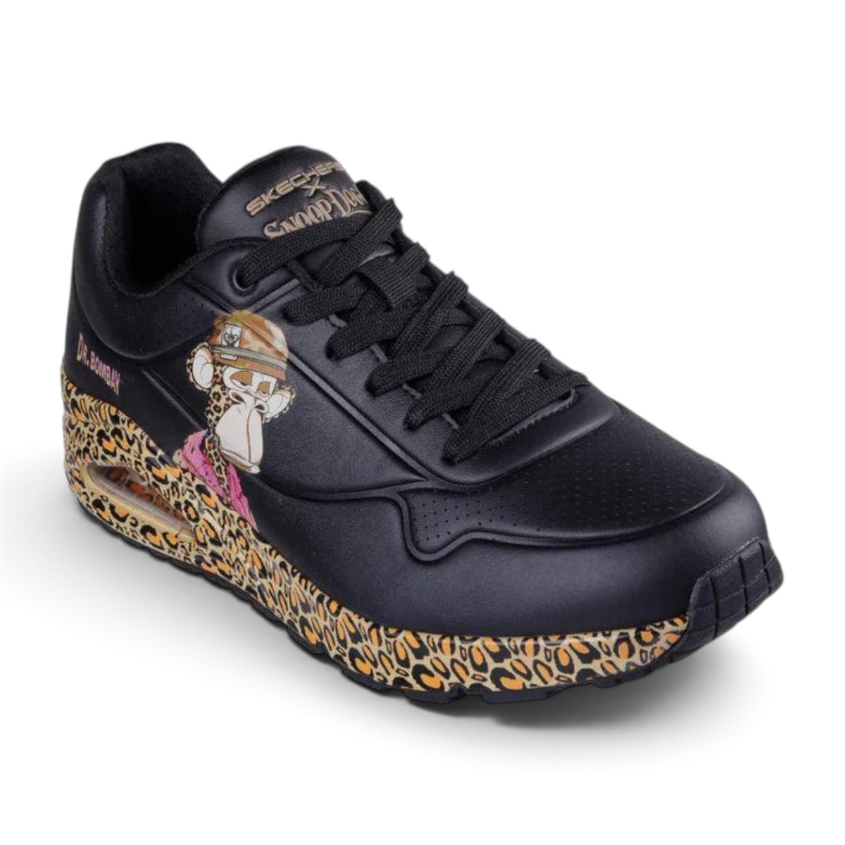 FRG Skechers x Snoop Dogg Dr. Bombay Uno sneakers in black with leopard print midsole and monkey character graphic