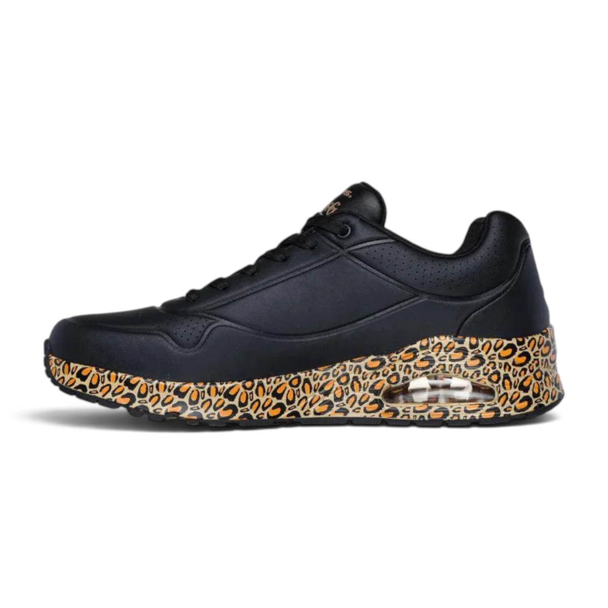 FRG Snoop Dogg Uno Dr. Bombay sneakers in black with a leopard print midsole and visible air cushioning unit.