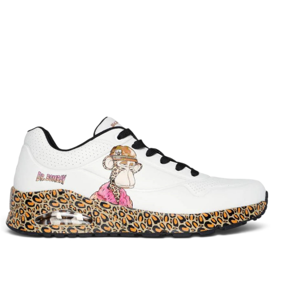 FRG Snoop Dogg Dr. Bombay white sneakers featuring a leopard print midsole and a cartoon monkey character graphic.