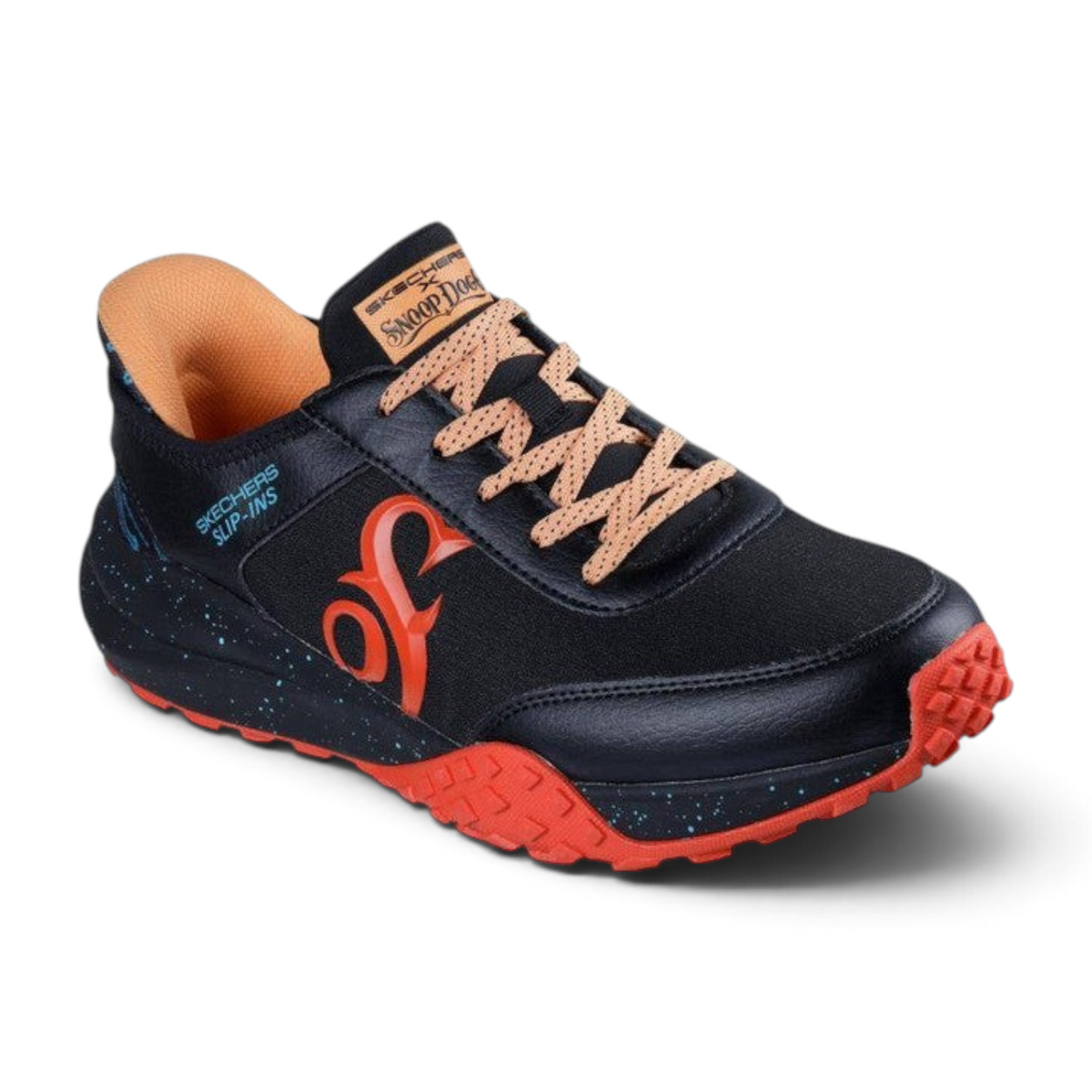 FRG Skechers FRENZY Snoop Evader sneaker in black with orange accents, featuring slip-in design and branded detailing.