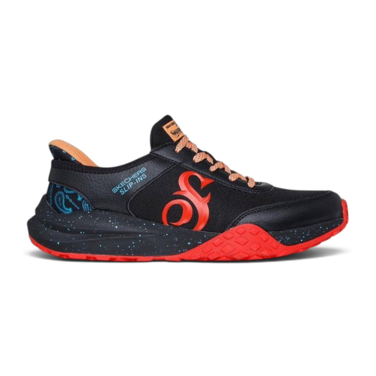 FRG Skechers Frenzy Snoop Evader sneaker in black with orange accents, featuring a slip-in design and patterned heel.