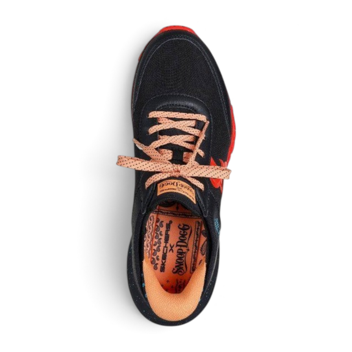 FRG Skechers x Snoop Dogg Frenzy sneaker in black and orange with patterned laces and branded interior