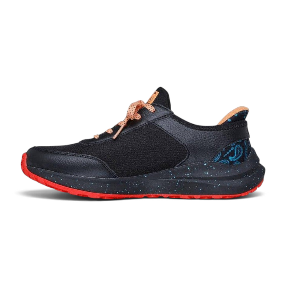 FRG Skechers FRENZY SNOOP EVADER sneaker in black with orange laces, red outsole, and blue paisley heel detail.