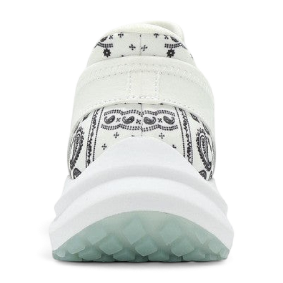 FRG Skechers Snoop Dogg Frenzy Evader white sneaker with black paisley print detail, back view showing thick sole.