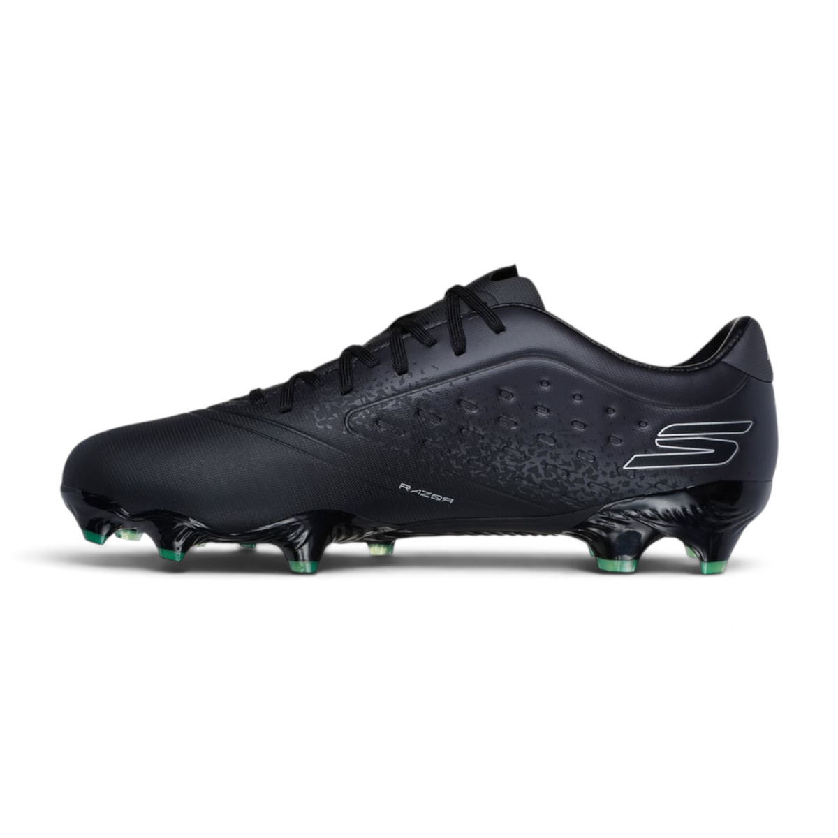 FRG Skechers Razor 1.5 Academy firm ground football boots in black with silver accents and green stud tips