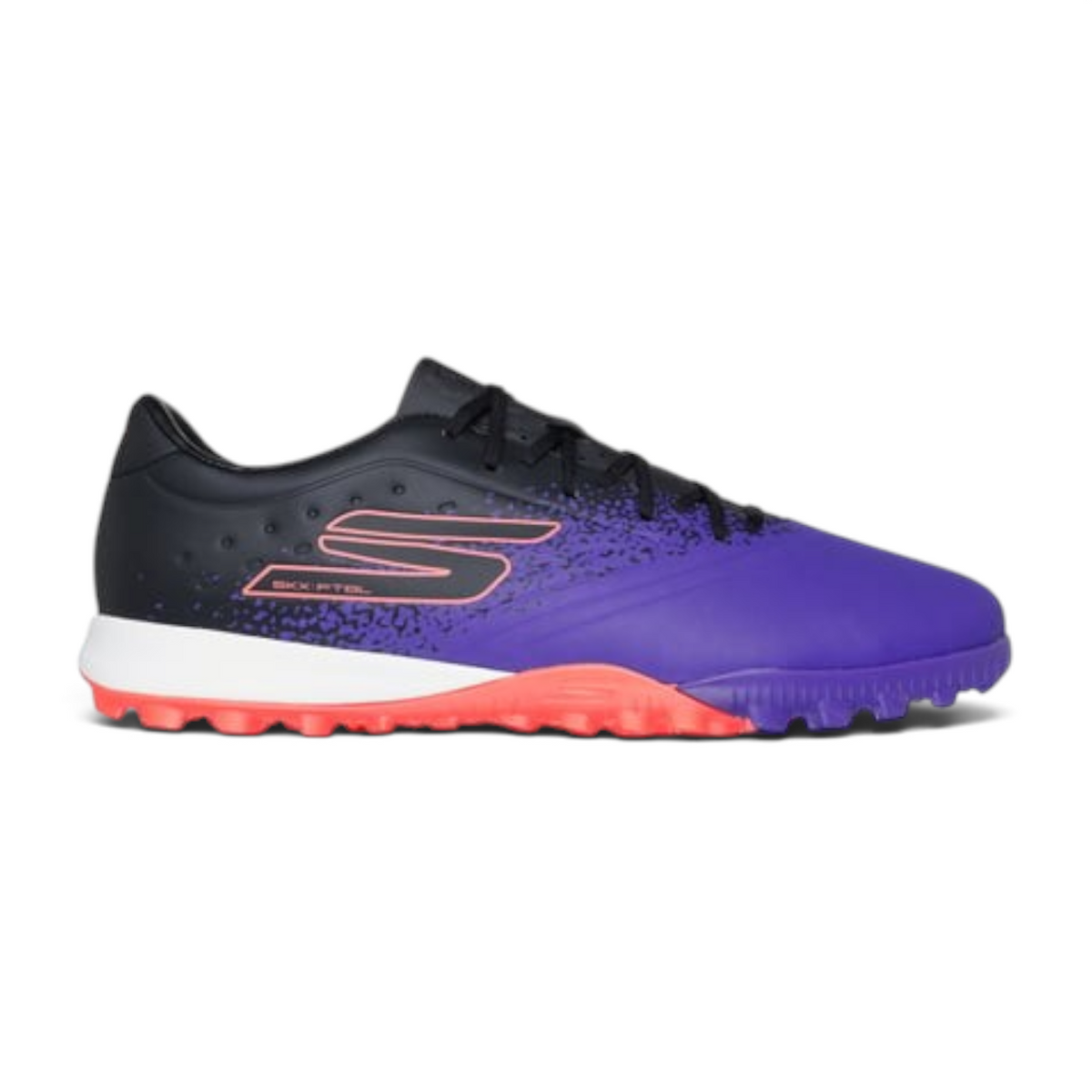 FRG Skechers Razor 1.5 Academy TF turf football boots in black and purple with a coral rubber outsole.