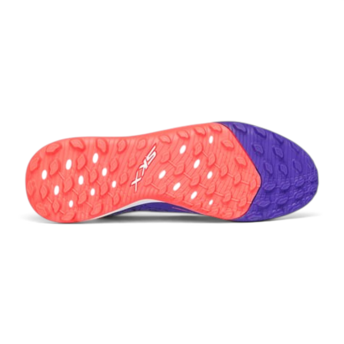 FRG Skechers Razor 1.5 Academy TF turf football boot outsole featuring a coral and purple patterned rubber grip