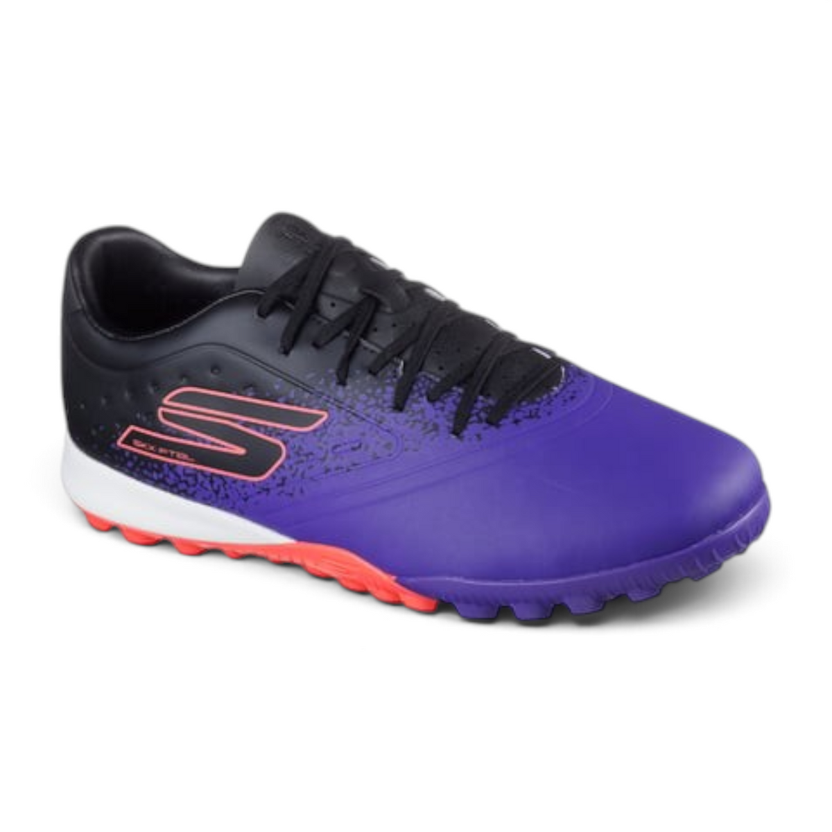 FRG Skechers Razor 1.5 Academy TF turf football boot in black and purple with a responsive rubber grip outsole.