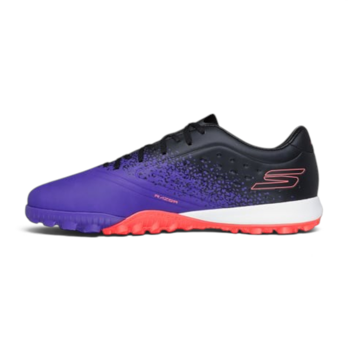 FRG Skechers Razor 1.5 Academy TF turf football boot in purple and black with a vibrant orange rubber outsole