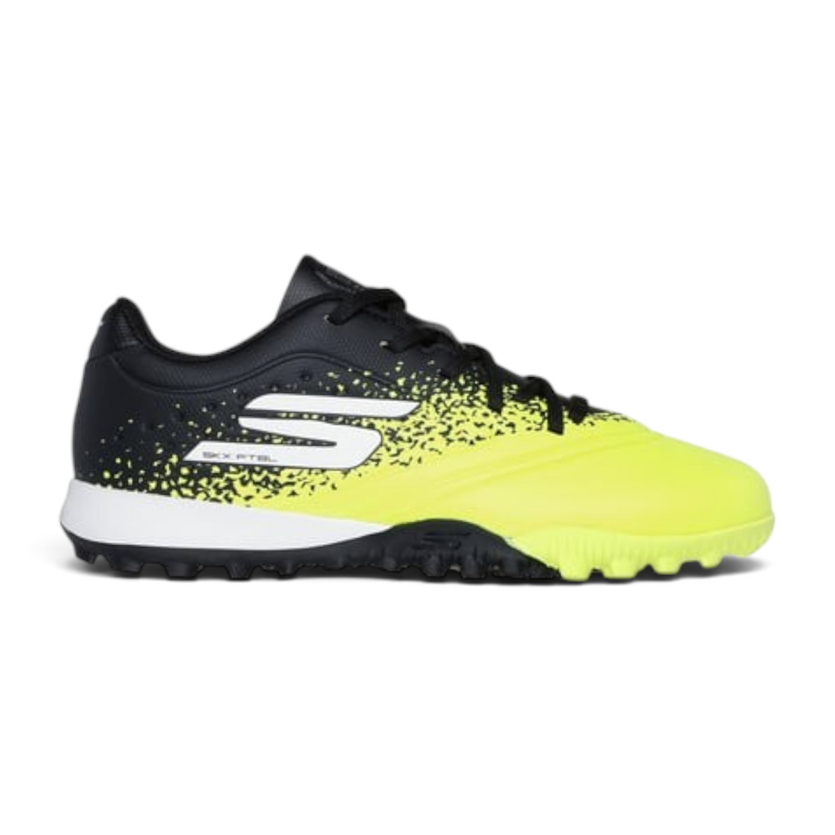 FRG Skechers Razor 1.5 Academy TF turf football boot in black and neon yellow with a patterned rubber grip sole