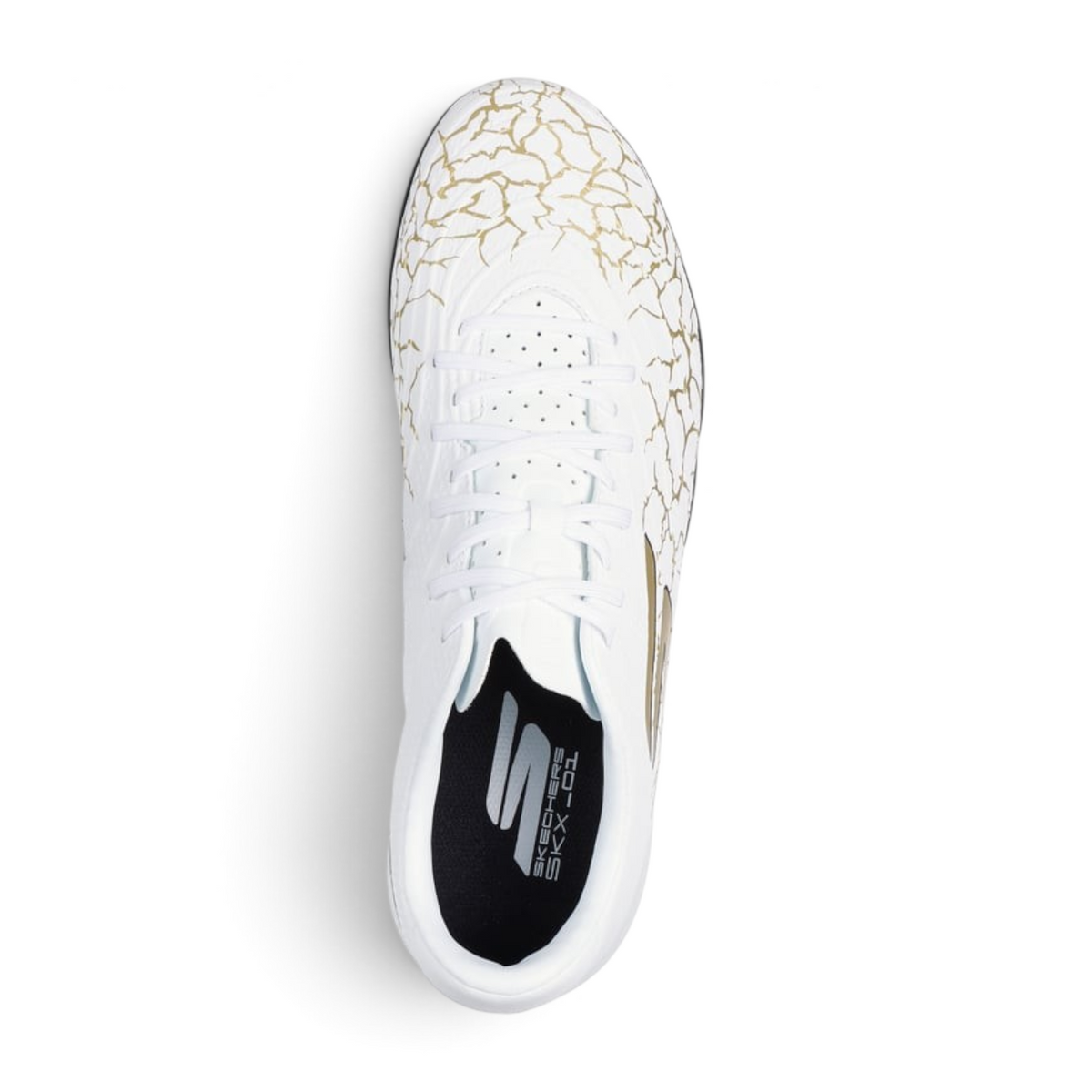FRG Skechers Gold TF turf boot in white with black and gold cracked pattern, featuring Move Foam cushioning.