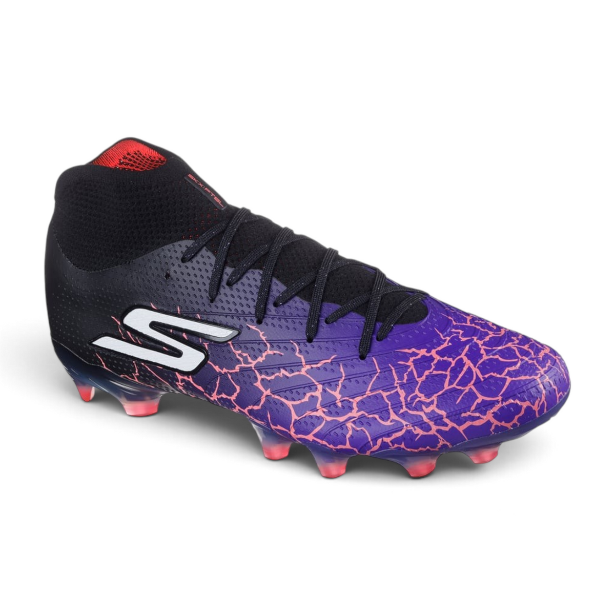 FRG Skechers SKX 1.5 High Elite FG soccer cleat in purple and black with a lightning pattern and high-top collar.