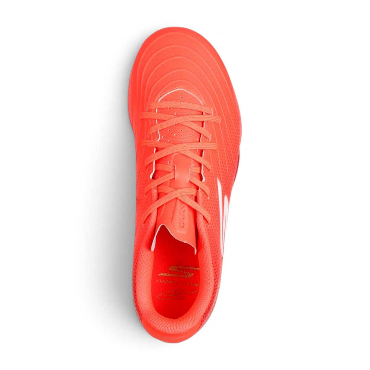 FRG Skechers Jr Youth turf soccer boot in coral with a synthetic upper and lace-up design, top view.