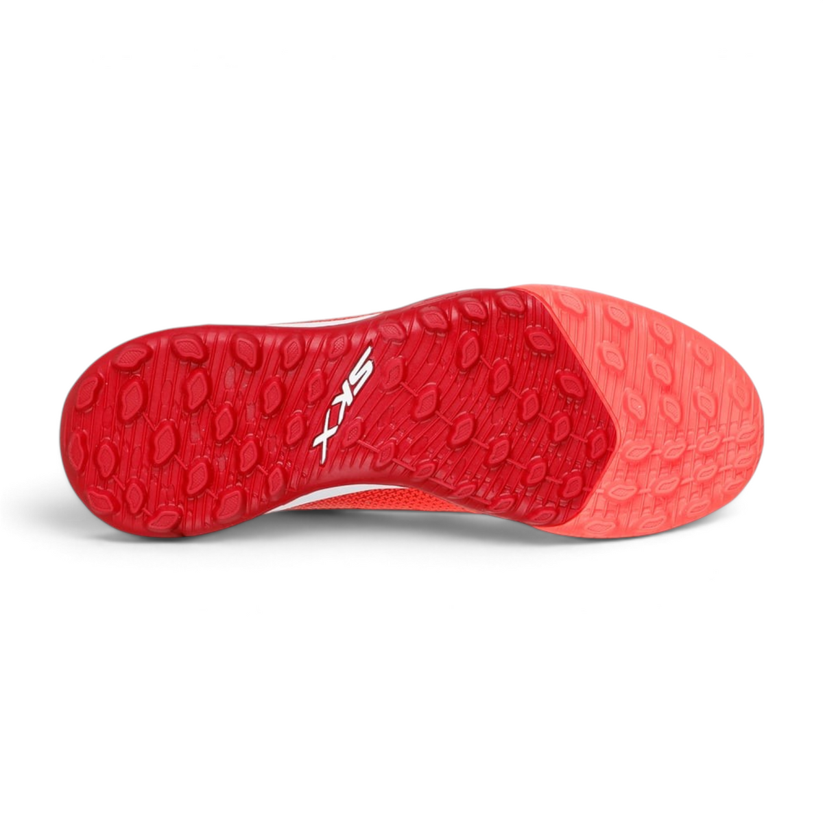 FRG Skechers Jr Youth turf soccer boot sole in coral with SKX branding and textured grip pattern