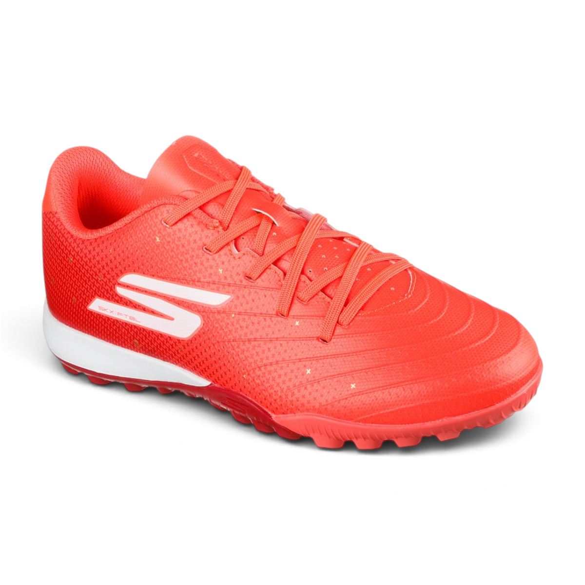 FRG Skechers Jr Youth turf soccer boots in vibrant coral with a synthetic upper and white sole detailing.