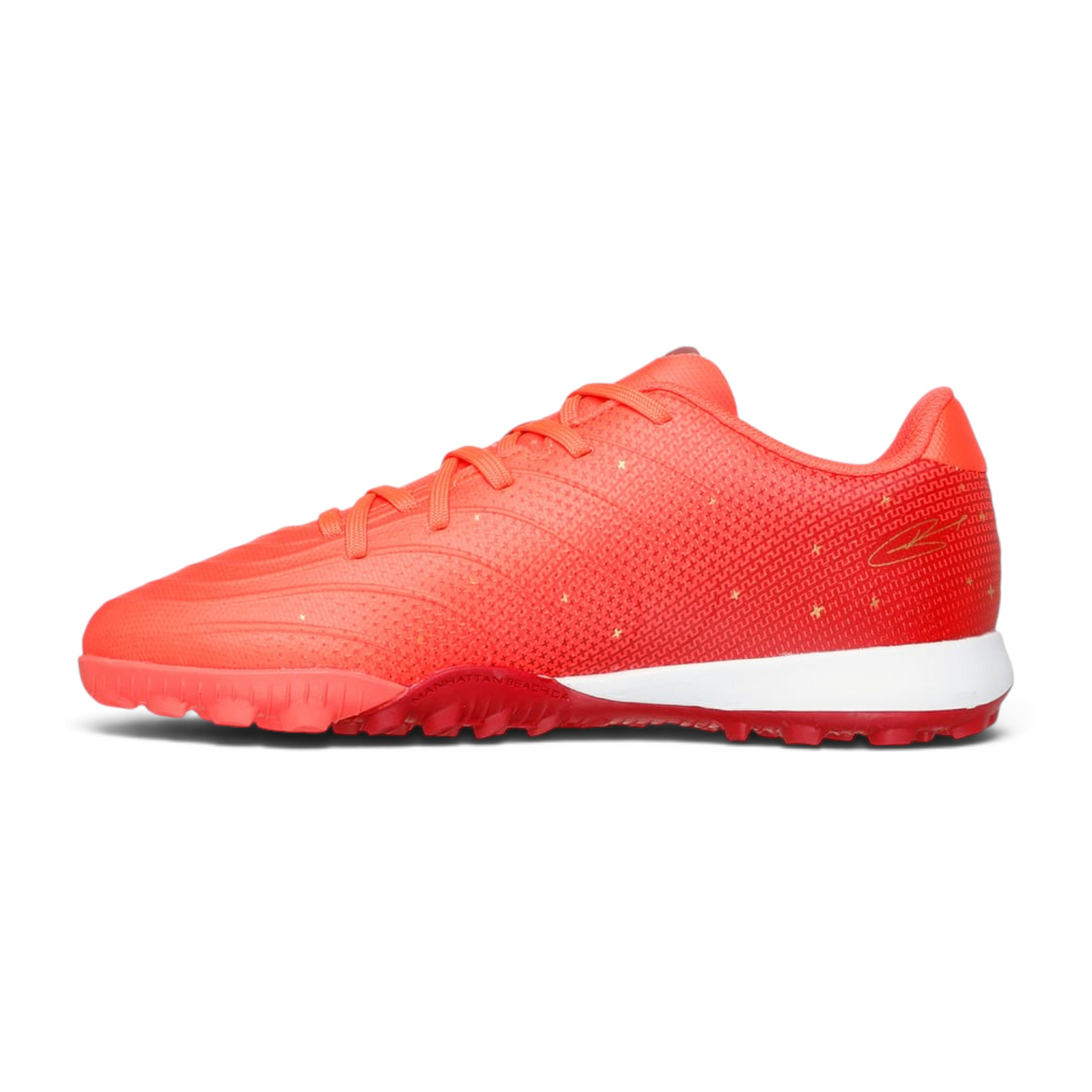 FRG Skechers Jr Youth turf soccer boot in coral with a synthetic upper, white midsole, and textured rubber outsole.