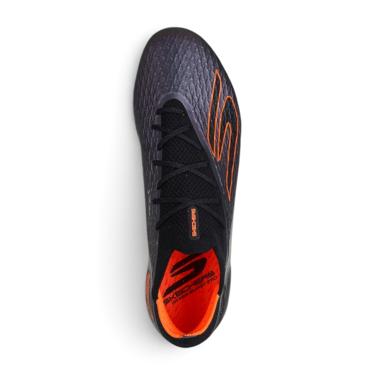 FRG Skechers SKX 2 Elite FG soccer cleat in black and orange with textured grip upper and Hyper Burst Pro cushioning