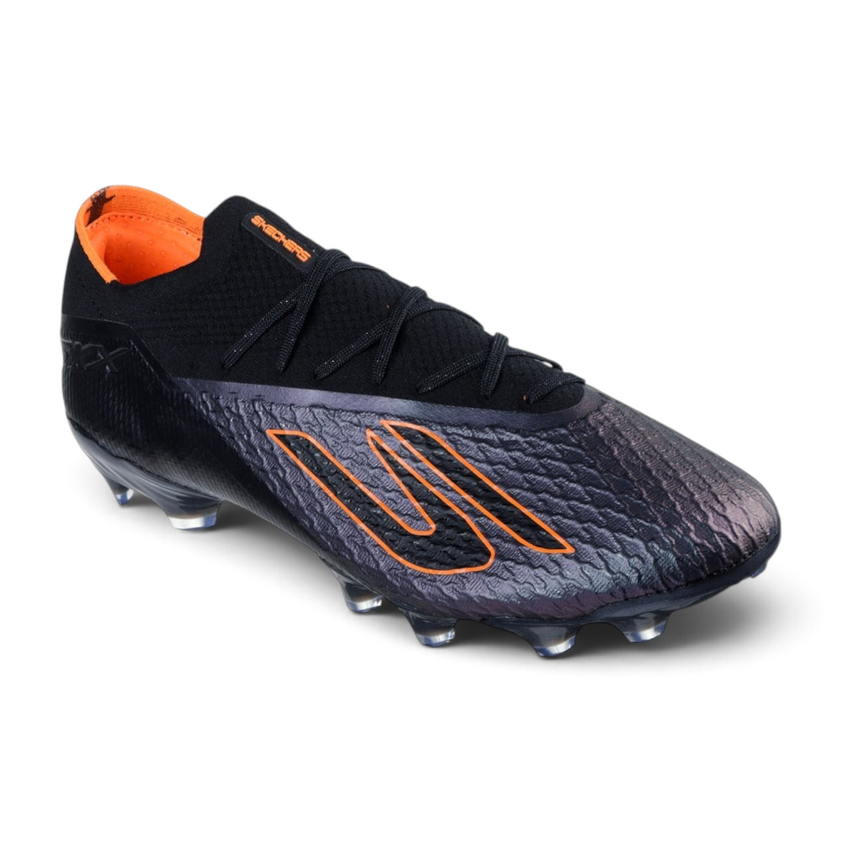 FRG Skechers SKX 2 Elite FG soccer cleat in black and orange with textured grip elements and cushioned sole