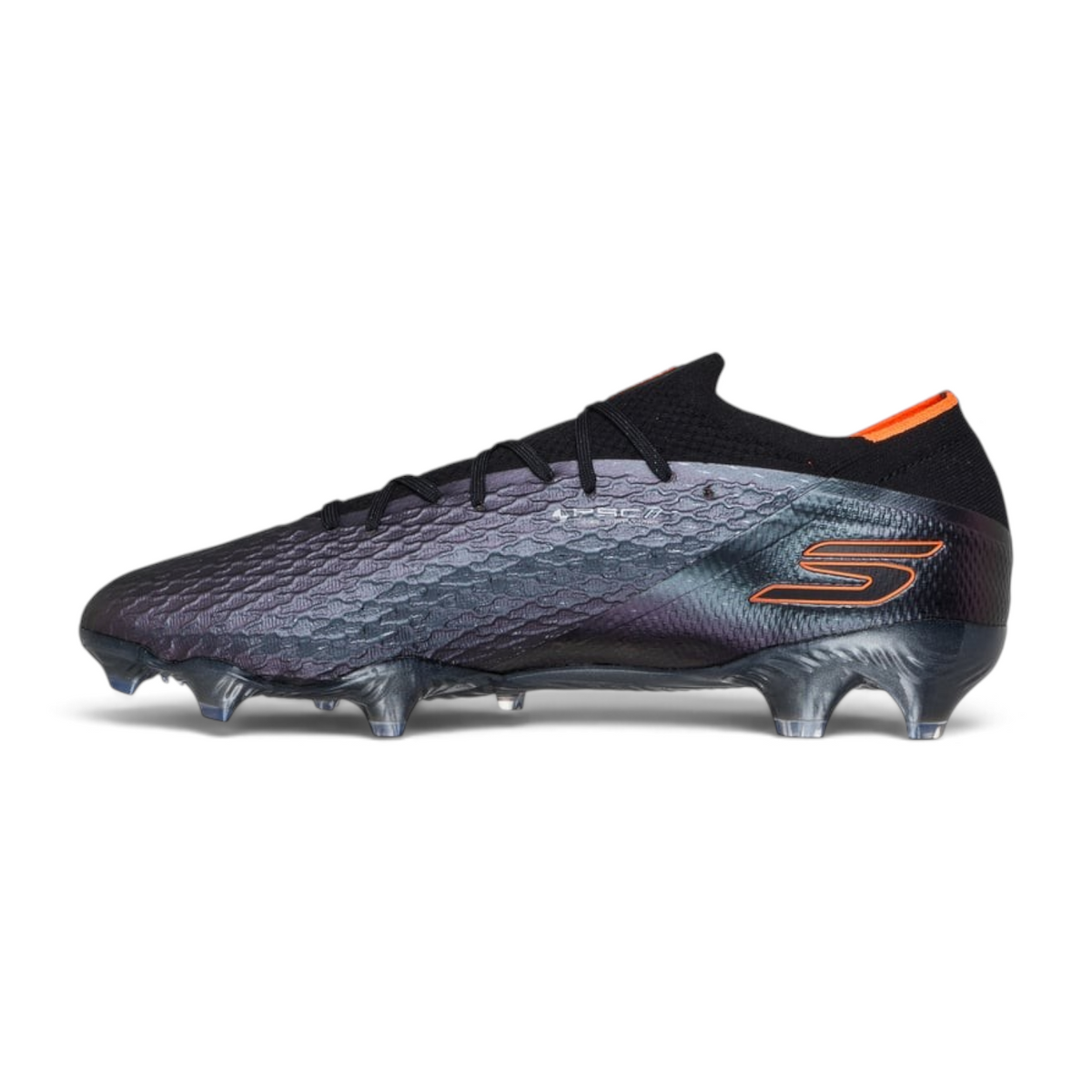 FRG Skechers SKX 2 Elite FG soccer cleat in black and orange with textured grip elements and firm ground studs