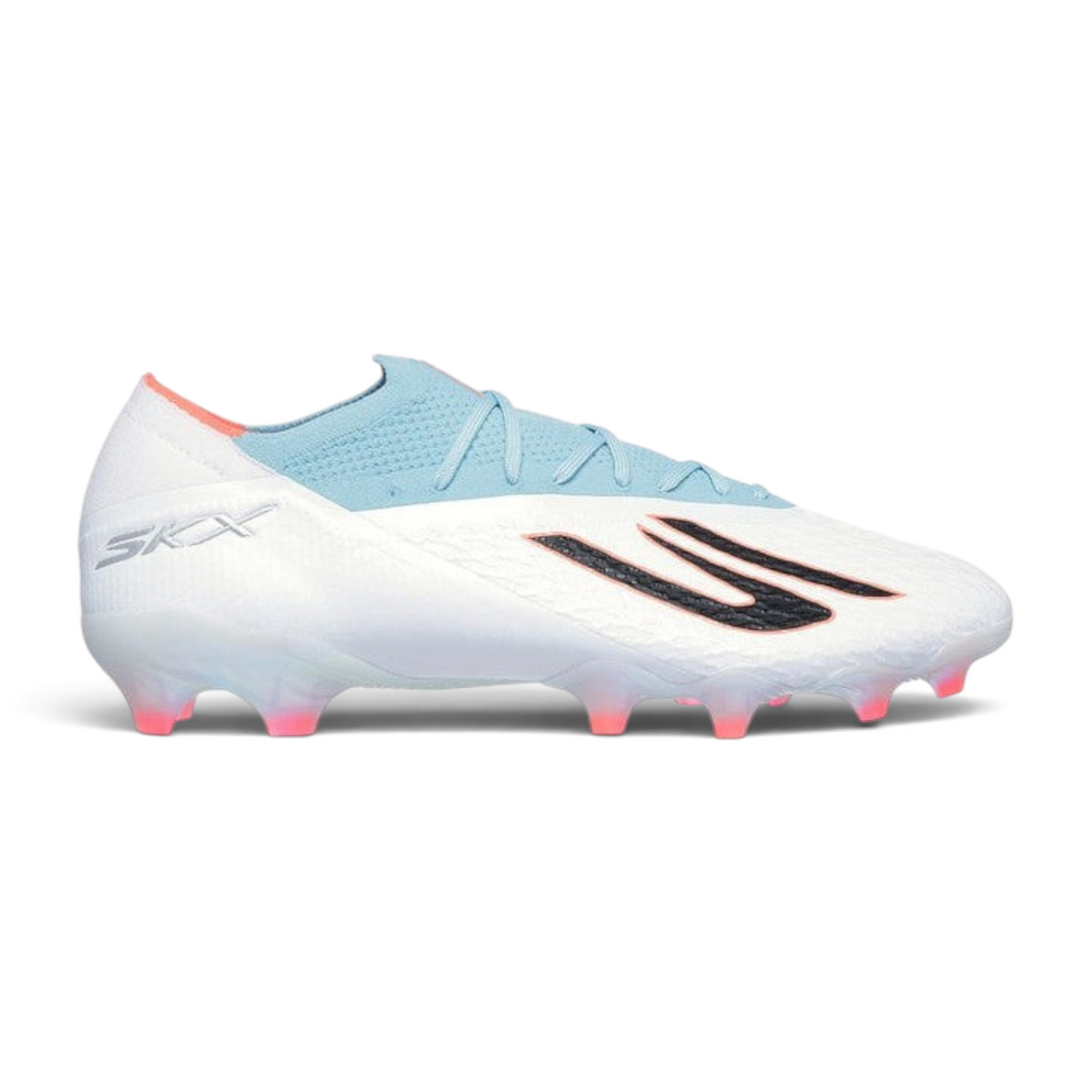 FRG Skechers SKX 2 Elite FG soccer cleats in white, turquoise, and pink with textured grip elements and firm ground sole