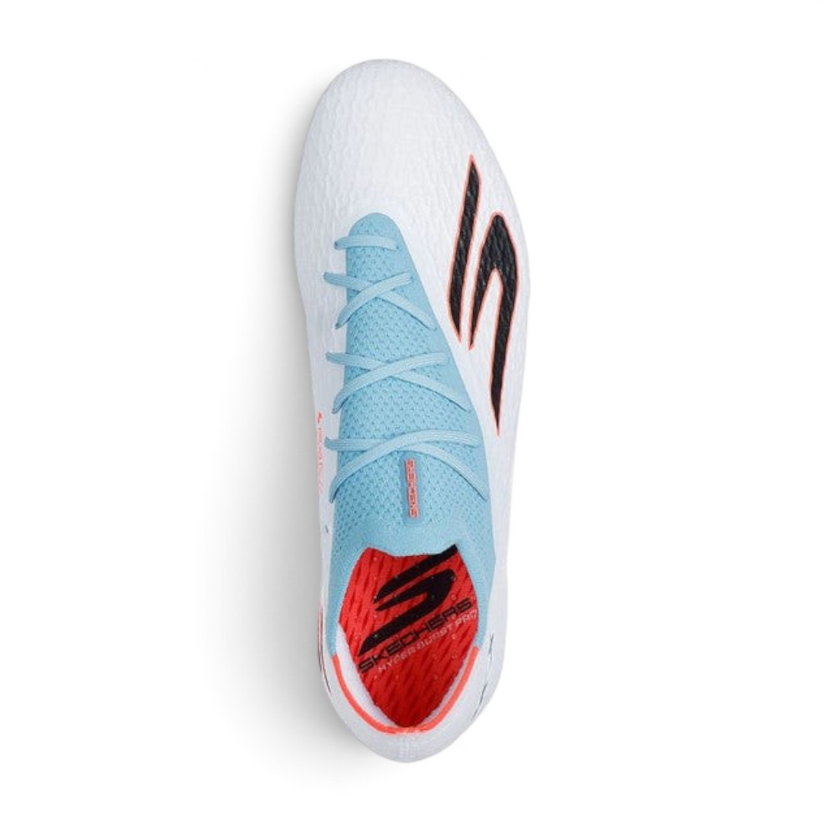 FRG Skechers SKX 2 Elite FG soccer cleat in white, turquoise, and pink with textured grip elements, top-down view.