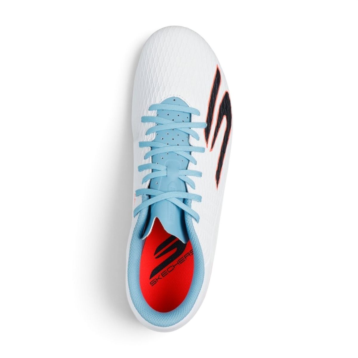 FRG Skechers Club MG multi-ground football boot in white with turquoise laces and pink accents, top-down view.