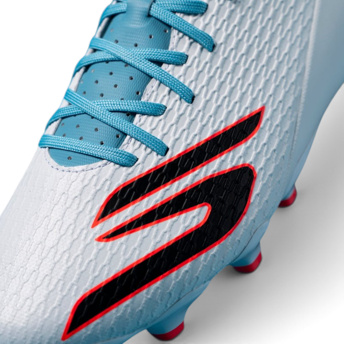 FRG Skechers Club MG multi-ground soccer boot in white with turquoise laces and black and pink logo detailing