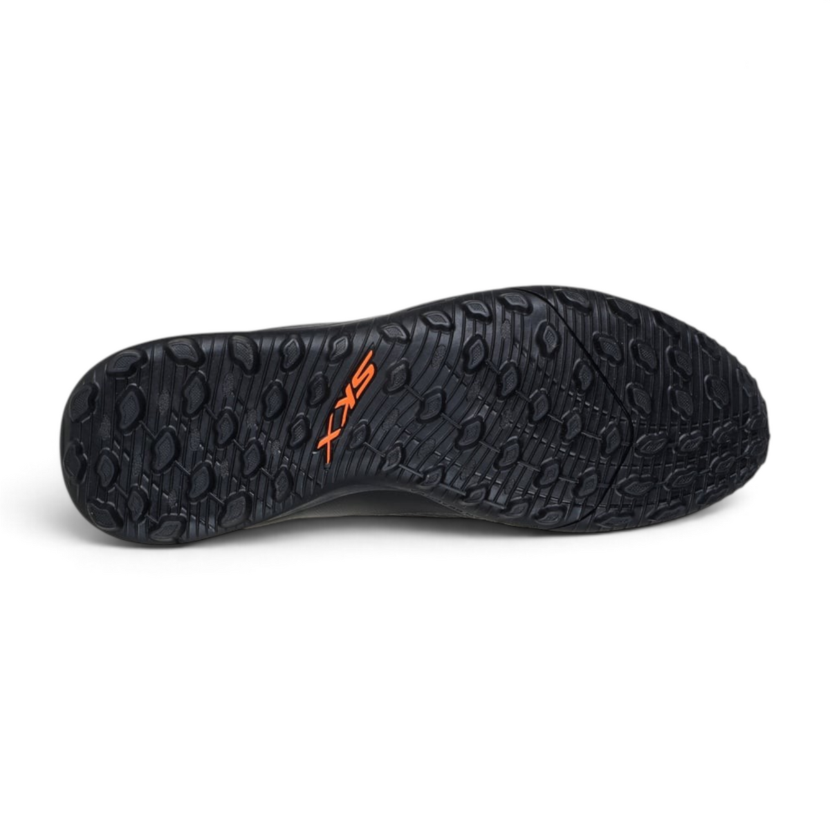 FRG Skechers Club TF turf boot black outsole with orange logo detail and patterned rubber grip