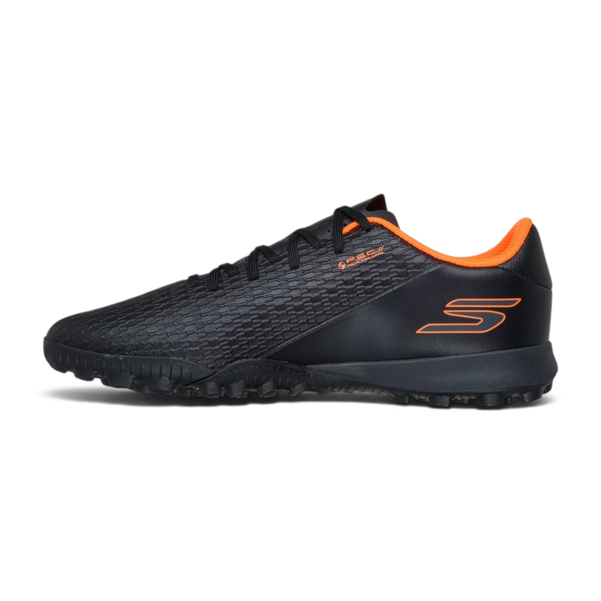 FRG Skechers Club TF turf boot in black with orange accents, featuring a moulded upper and patterned rubber outsole.