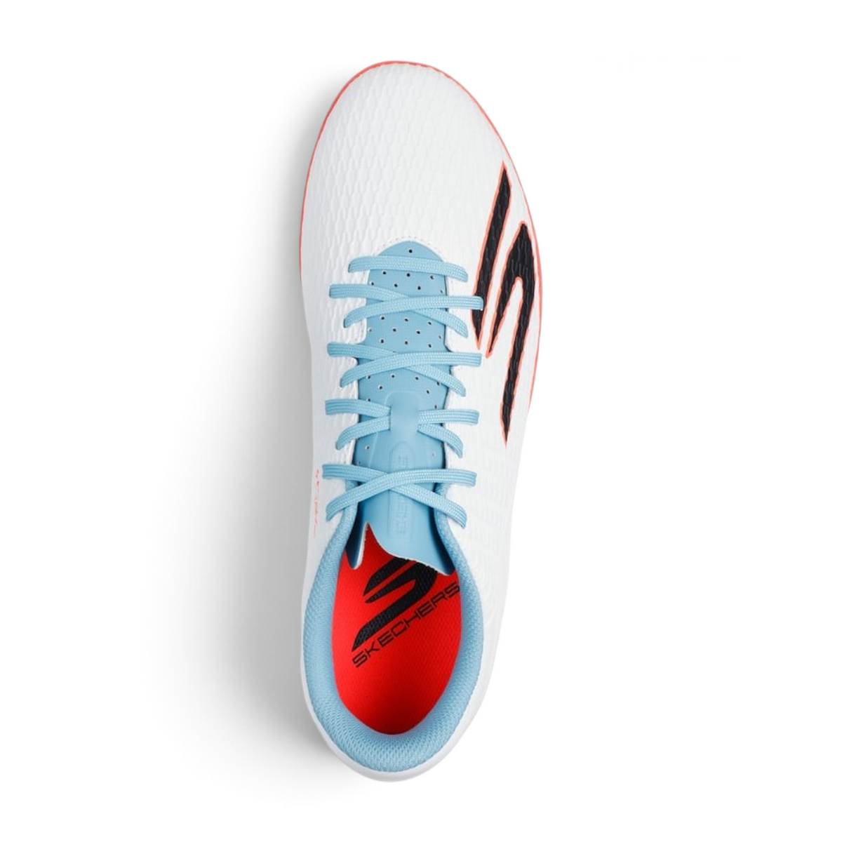 FRG Skechers Club TF turf boot in white with turquoise laces and pink interior, top-down view