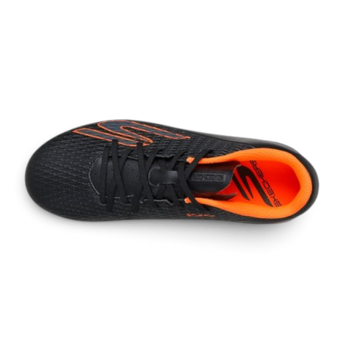FRG Skechers SKX_2 Jr youth football boots in black with orange accents, featuring a textured upper for ball control.