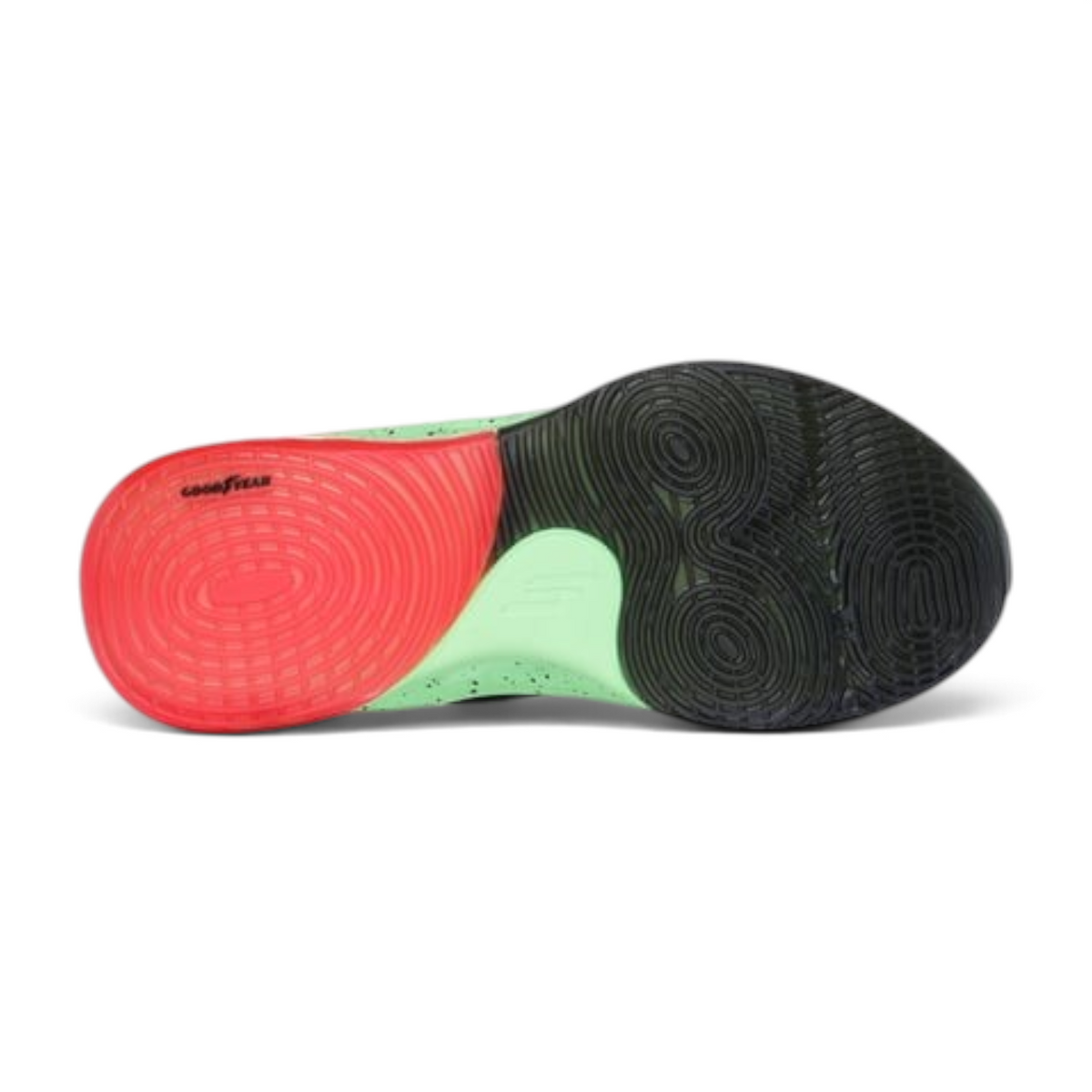 FRG Skechers SKX FLOAT basketball shoe outsole with pink, mint green, and black traction patterns and Goodyear logo.