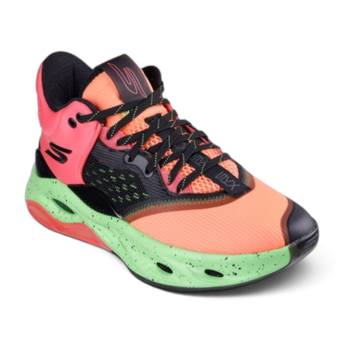 FRG Skechers SKX FLOAT mid-top basketball shoes in pink, orange, and green with a speckled midsole and black accents.