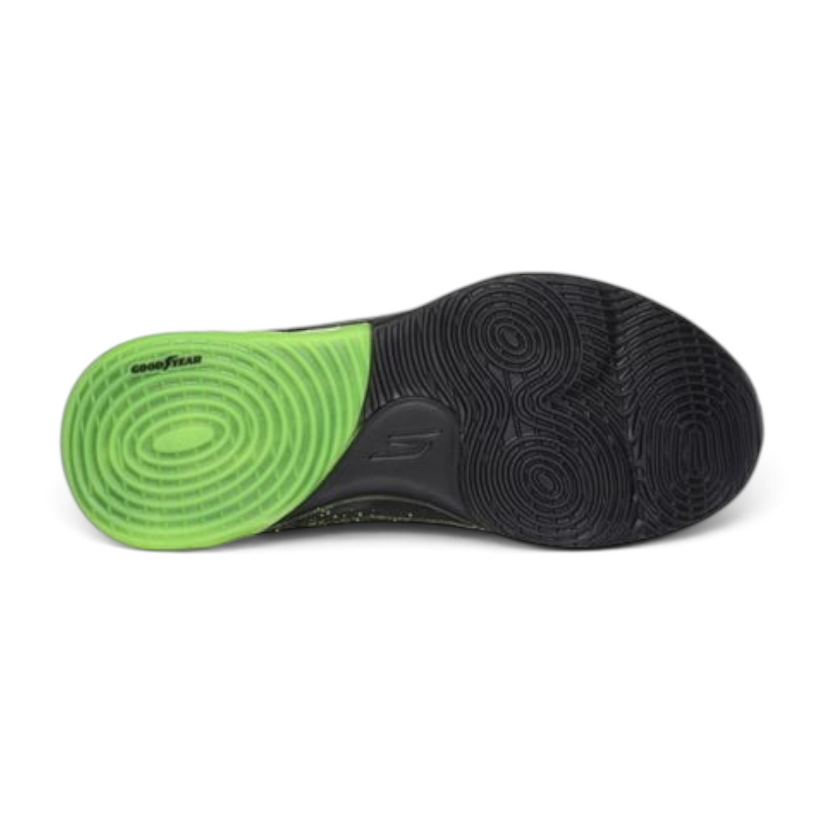 FRG Skechers SKX FLOAT basketball shoe outsole in black with a bright yellow-green heel section and textured grip