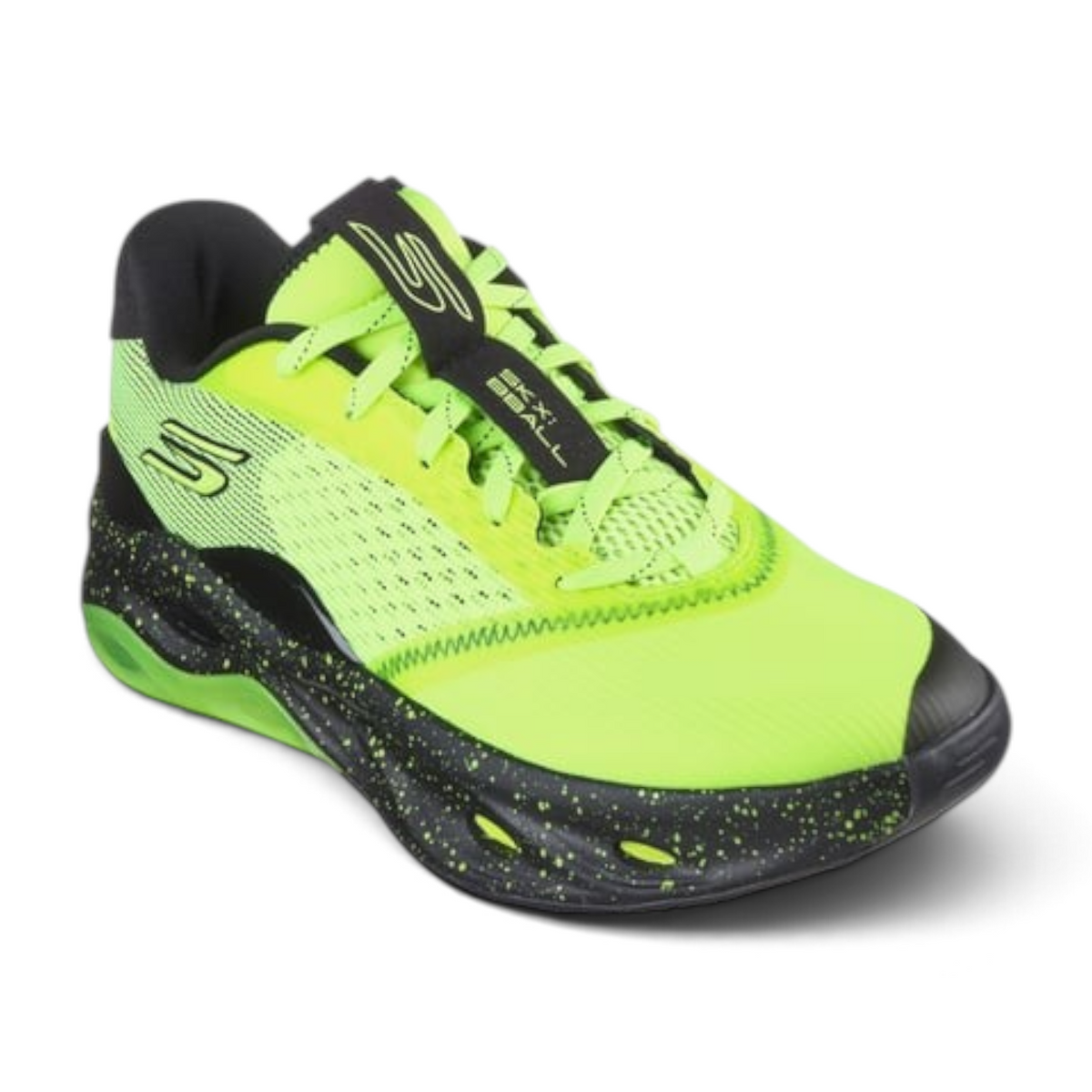 FRG Skechers SKX FLOAT low-top basketball shoes in neon yellow and black with a speckled midsole and mesh upper.