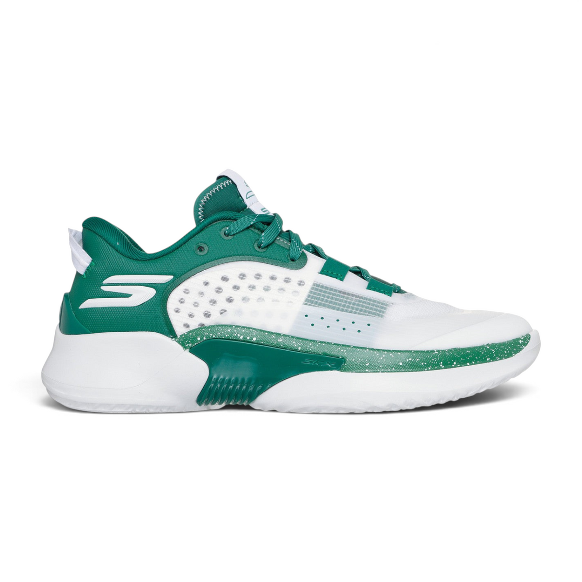 FRG SKX RESAGRIP athletic sneaker in white and green with a mesh upper and speckled midsole design.