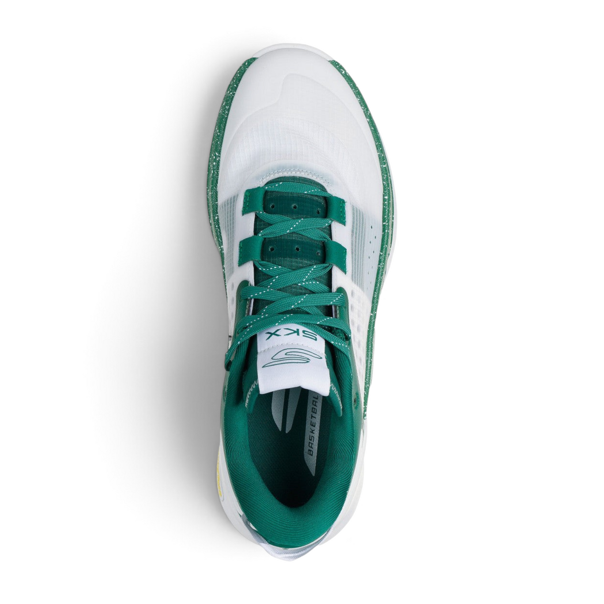 Top view of FRG SKX RESAGRIP basketball shoe in white and green with speckled midsole and lace-up closure.