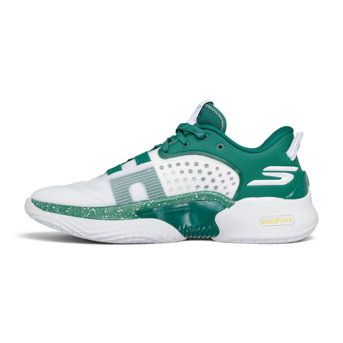 FRG SKX RESAGRIP performance basketball shoe in white and green with Goodyear rubber outsole and mesh upper
