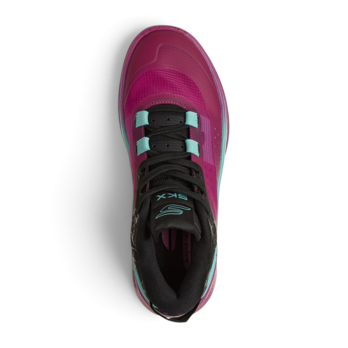 FRG Skechers RESAGRIP low-top basketball shoes in purple and black with teal accents, top-down view.