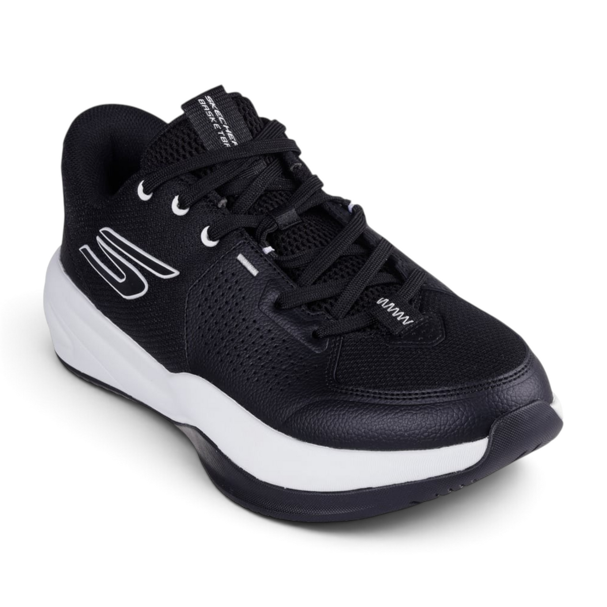 FRG Skechers SKX LEAGUE black and white low-top basketball shoes with breathable mesh and durable leather upper.