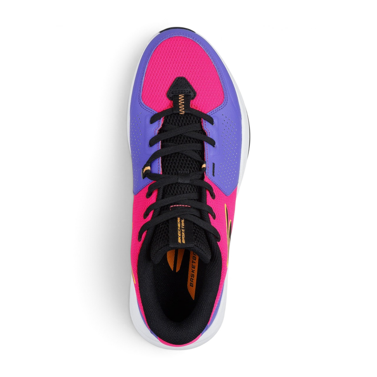 FRG SKX LEAGUE basketball shoe in vibrant pink and purple mesh with black laces and orange accents, top view