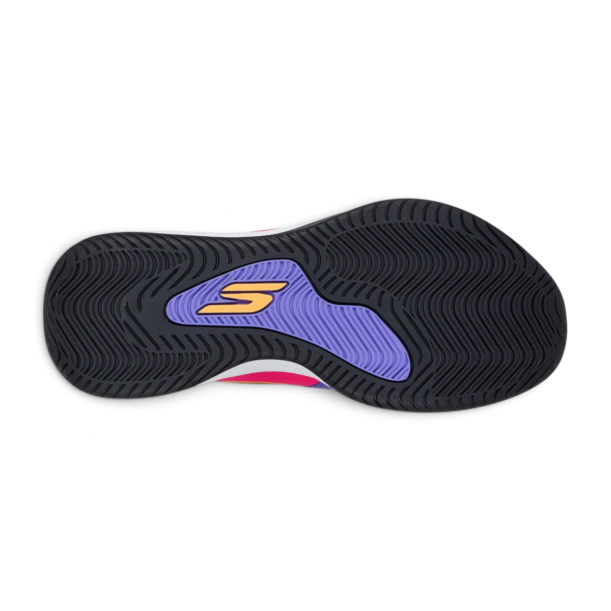 FRG SKX LEAGUE sneaker outsole featuring a black rubber tread with a purple arch support and orange logo detail