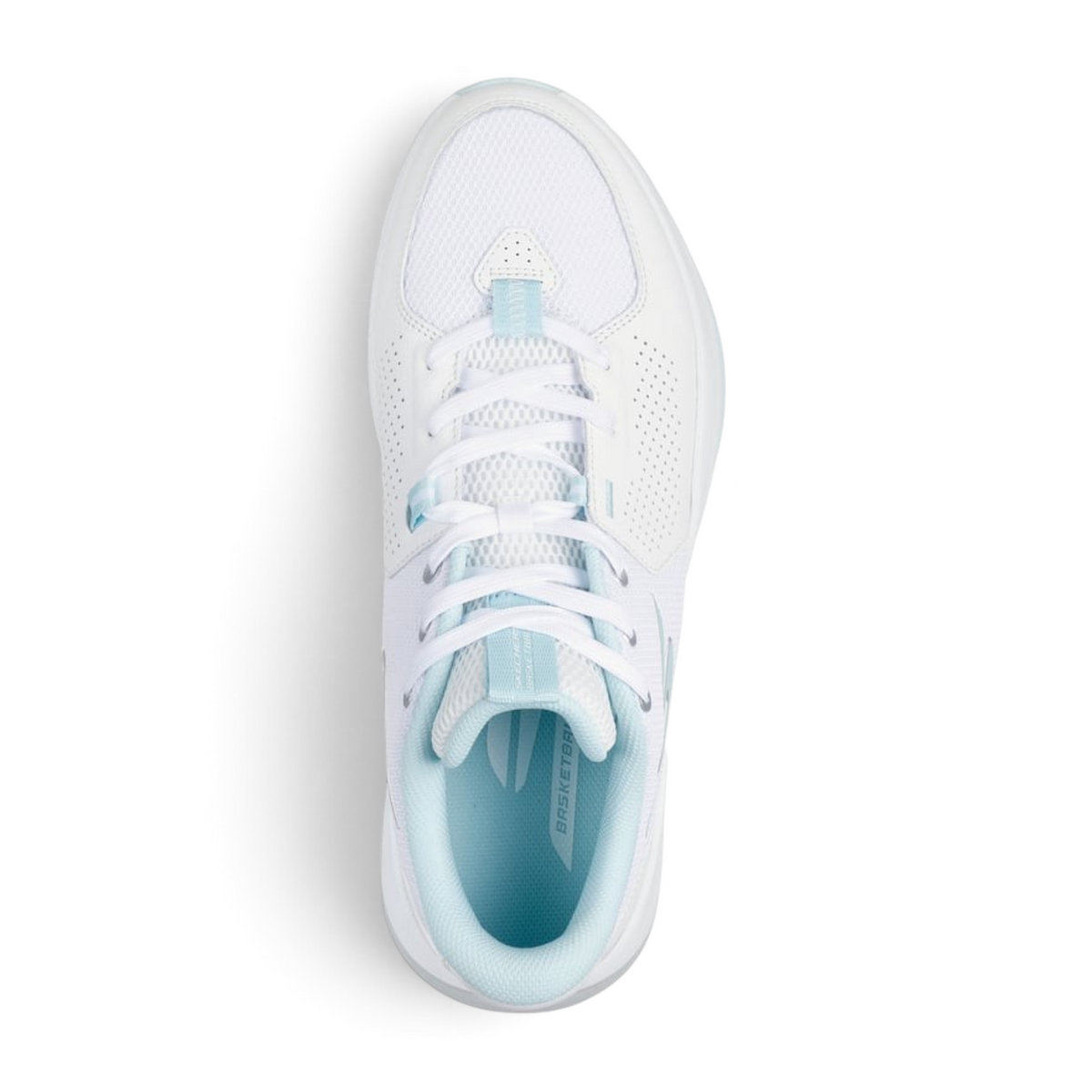 FRG Skechers LEAGUE low-top basketball shoes in white with light blue accents, featuring a breathable mesh upper.